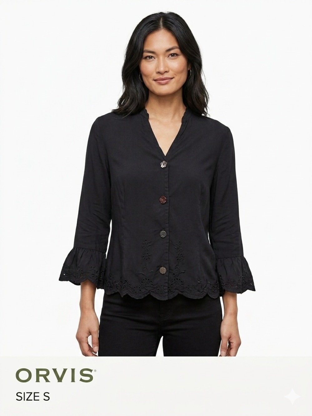 ORVIS Black Rayon Eyelet Embroidered Blouse Bell Sleeve Cottagecore V-Neck S